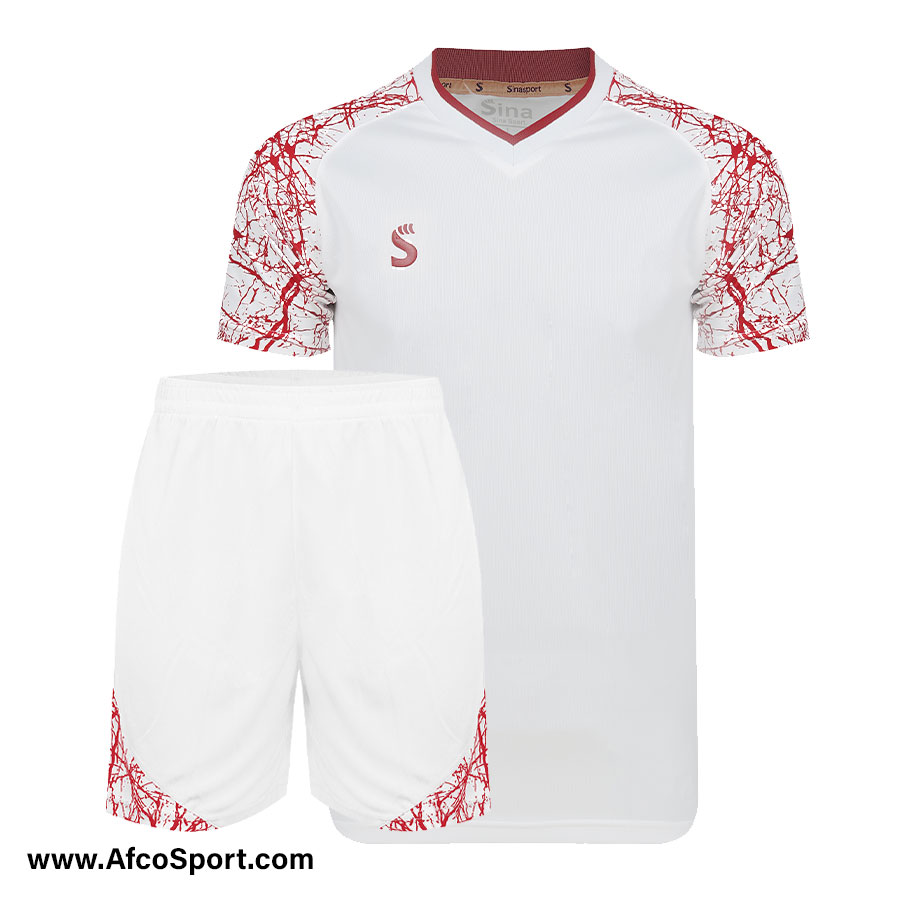 پیراهن شورت تیمی سفید قرمز طرح رعد و برق سینا اسپرت فصل ۱۴۰۱-۱۴۰۲